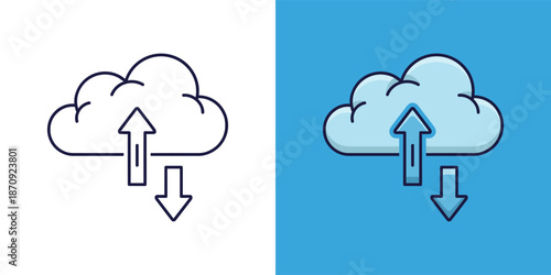 Cloud Computing Illustration with Upload and Download Arrows on Contrasting Backgrounds