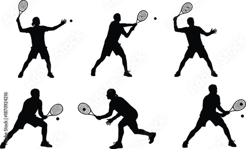 Tennis player silhouettes set, professional athletes serving, hitting backhand and forehand, sports action poses, vector illustration isolated on white background, match competition.