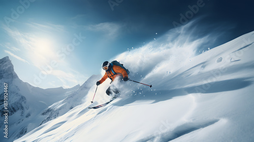 Skier in vibrant attire navigates fresh powder on sunlit slope. Majestic mountain peaks, crisp air, and serene ambiance embody thrill and tranquility of alpine adventure. Neural network AI generated
