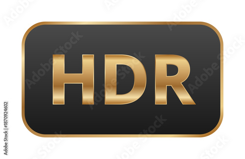 Hdr logo in gold and black design with rounded rectangle shape.