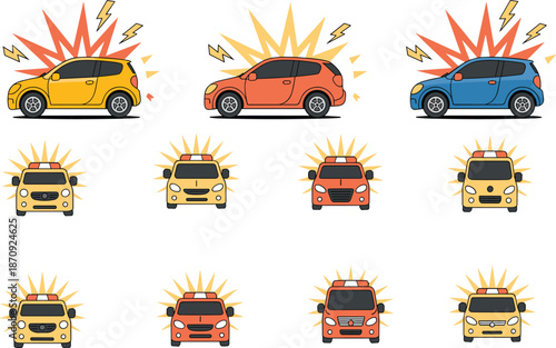 Colorful car accident and emergency warning icon set showing vehicle collisions, traffic alerts, safety symbols, and damaged automobiles illustrations