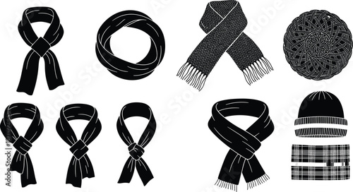Winter fashion silhouettes, scarf tying styles, cozy accessories, black vector icons, seasonal outfit ideas, cold weather wear, stylish winter essentials, illustration set