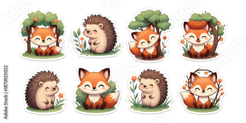 Cute Fox and Hedgehog Stickers, Woodland Animals, Baby Shower Decorations, Kawaii Forest Friends