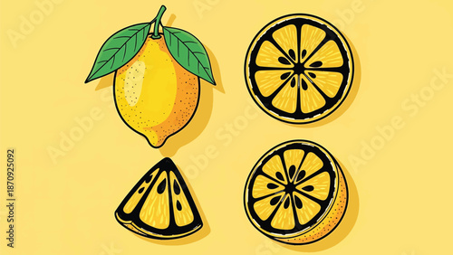 Fresh lemon illustrations with whole fruit and sliced citrus pieces