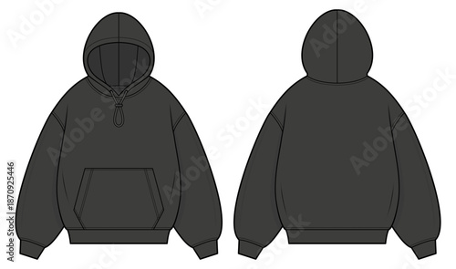 Oversized Baggy Hoodie Technical Fashion Illustration. Bulky Pullover Hooded Sweatshirt with Kangaroo Pocket, Ribbed Cuffs and Hem. Front and Back Views. Unisex Streetwear. CAD Mockup Set.