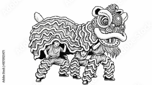 Traditional Chinese Lion Dance Performance with Performers Inside.