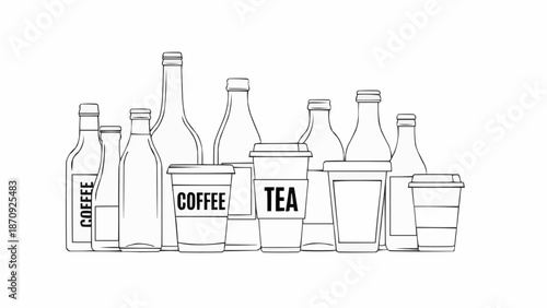 Collection of various beverage bottles and cups illustration.