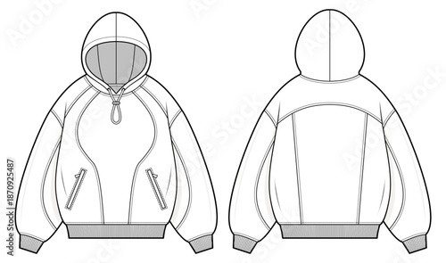 Y2K Oversized Streetwear Hoodie Technical Fashion Illustration. Baggy Bulky Hooded Sweatshirt with Curved Panel Construction, Zip Pockets, Ribbed Cuffs and Hem. Front and Back Views. Unisex CAD Mockup