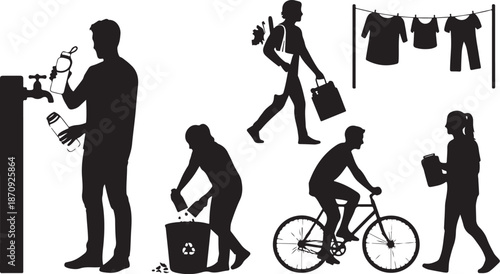Eco friendly daily life silhouette illustrations set