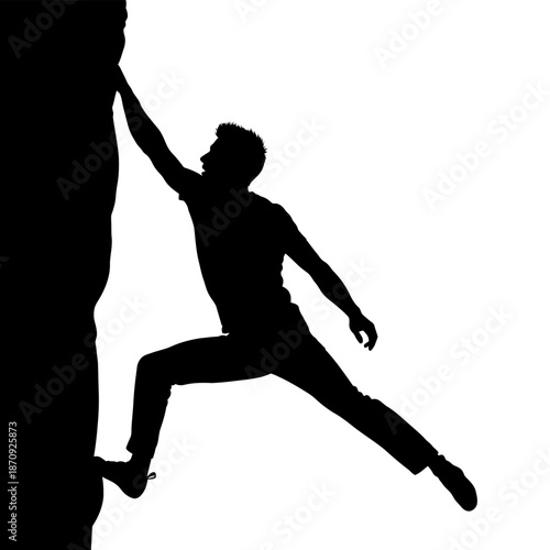 Silhouette of a man climbing a rock wall with determination.