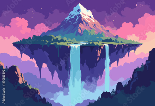 Flat vector landscape of a floating island with waterfalls cascading into purple clouds. 'Fantastic Frontiers' style. Neon teal and magenta palette. No people