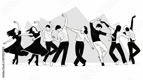 Group of diverse dancers performing ballet and modern dance styles.