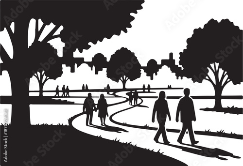 People walking in a park with trees