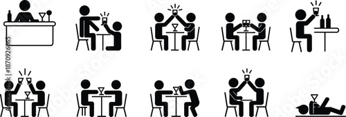 Drinking alcohol pictogram icon set showing people at bar, party, celebration, social gathering, nightlife situations in simple silhouette style