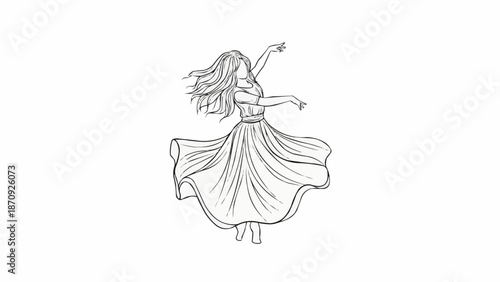 Sketch of a young woman dancing gracefully with flowing dress.