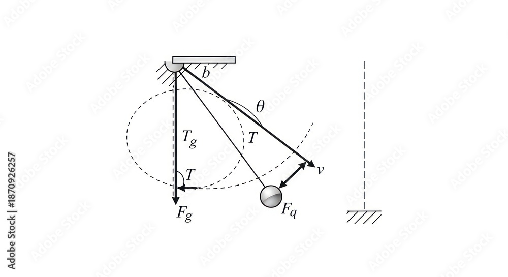 Fototapeta premium Physics diagram of a pendulum's movement with force arrows and angle