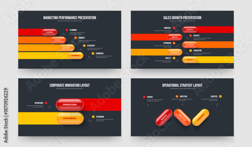 Marketing Briefing 4 5 2 3 Step Diagram Presentation Template Collection. Corporate Launch Four Five Two Three Option Infographic Slideshow Layout Vector Illustration Bundle.