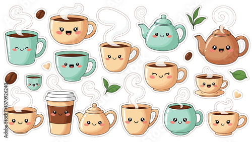 Cute Kawaii Coffee and Tea Cups with Steam, Teapots, Beans, Leaves Stickers