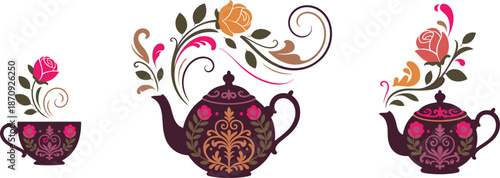 Elegant floral teapot and teacup illustration with vintage decorative roses for romantic tea design, cafe branding, and kitchen decor