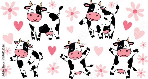 Cute Kawaii Cow Vector Set with Pink Hearts and Flowers, Adorable Farm Animal Character Illustrations for Nursery Decor and Stickers