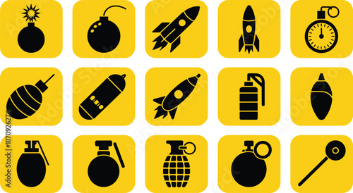 Explosive and Rocket Icon Set with Bomb, Grenade, Missile and Timer Symbols in Flat Yellow Vector Style Design