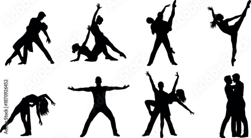Elegant Black Silhouettes of Professional Dancers Performing Contemporary Ballet Ballroom and Modern Dance Poses Isolated on White Background Set