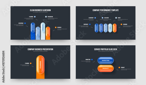 Market Campaign 4 5 1 2 Element Diagram Slide Design Set. Creative Performance Four Five One Two Step Infographic Presentation Layout Vector Illustration Collection.