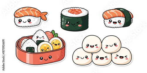 Kawaii Sushi and Onigiri Bento Box Illustration