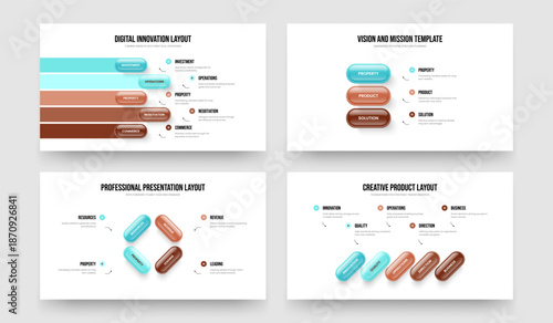 Marketing Insight 5 3 4 Option Diagram Frame Template Collection. Service Launch Five Three Four Element Infographic Slide Layout Vector Illustration Bundle.