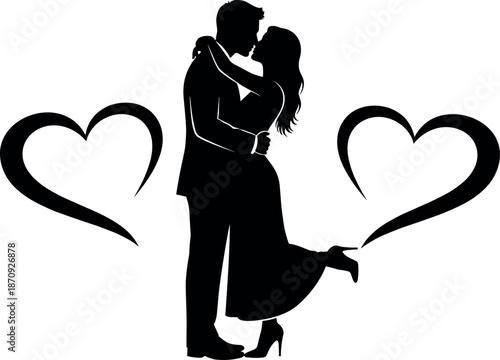 Romantic silhouette of a loving couple embracing and kissing with stylized hearts for wedding invitation, anniversary card or Valentine's Day.