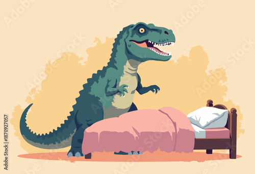 A T-Rex trying to make a bed with short arms. 'Struggle is real' concept. Funny flat vector character