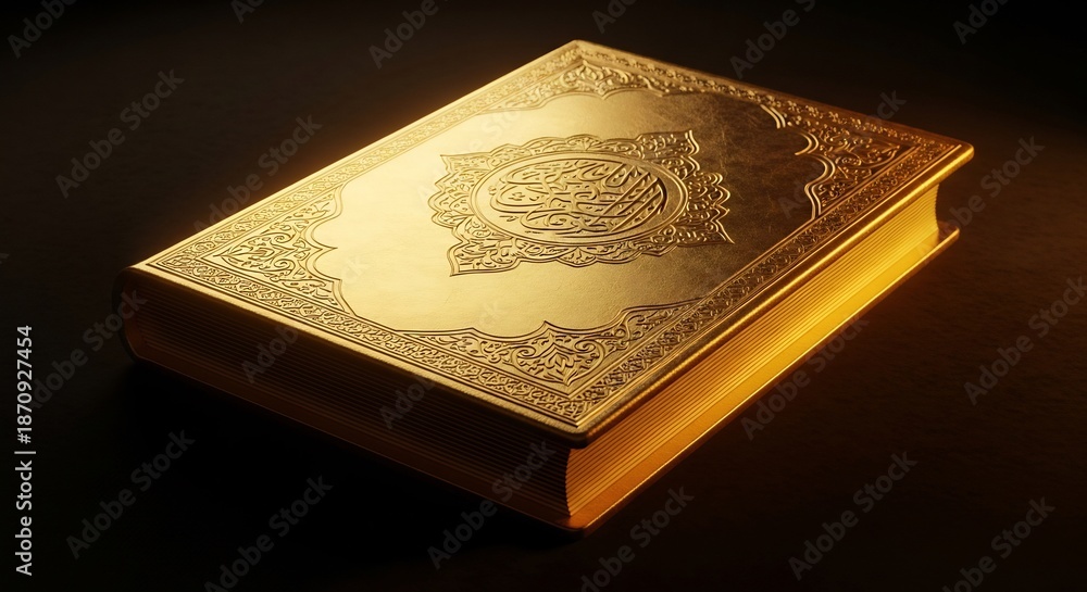 Fototapeta premium Golden Quran - A Sacred Islamic Text Illuminated in Warm Light.