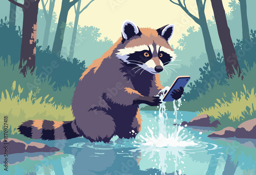 A raccoon washing a smartphone in a stream. 'Clean Tech' visual pun. Funny animal vector