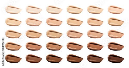 Foundation range in brush stroke texture shapes isolated on white background. Cosmetic product smudge swatches