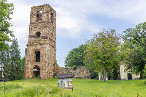 Vászonkép Krasny Brod monastery ruins tower standing in summer landscape