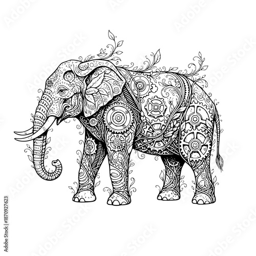 Intricate steampunk elephant illustration with gears and floral patterns