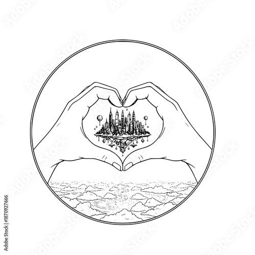 Hands forming a heart shape around a floating city