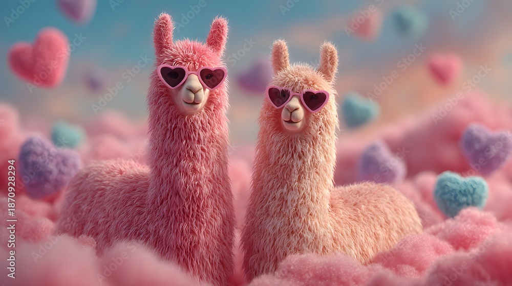 © LifeFree studio - Two Pink Llamas Wearing Heart Shaped Sunglasses, Cute Valentine’s Day Couple and Love Fantasy Concept