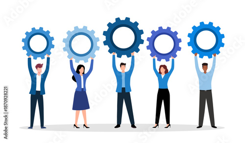 Work together, teamwork or cooperate to success, solution to team support for best efficiency or productivity, development or organization concept, businessman people connect gear cogwheels together