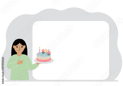 A little girl holds a cake in his hand. Nearby is a white poster for text. Birthday or holiday.
