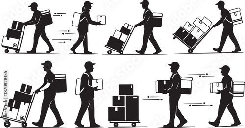 Man moving boxes in various positions and actions