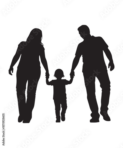 Silhouette of a family, parents holding hands with child, walking together, vector illustration.