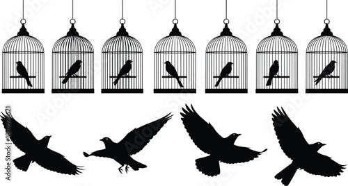 Bird cage and flying bird silhouettes vector illustration, freedom concept showing caged birds and birds in flight minimalist symbolic design