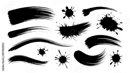 Collection of black ink splatters and rough brush stroke paint smudges, graphic design elements for artistic grunge textures and backgrounds