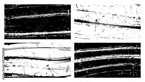 Four grunge texture overlays with black and white scratched lines and distressed surfaces, perfect for retro design backgrounds.