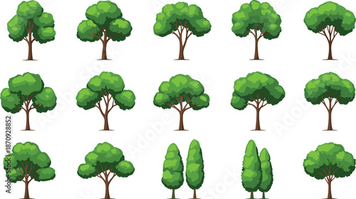Collection of green tree vector illustrations set with deciduous foliage shapes, cartoon style nature elements for landscape design projects use