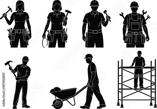 Construction workers silhouette vector set showing male and female builders with tools, safety helmets, scaffolding, and wheelbarrow isolated on white background