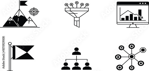 Set of professional business icons representing mountain peak goals, data funnel processing, financial analytics dashboard, leadership hierarchy, networking, and strategic milestones.