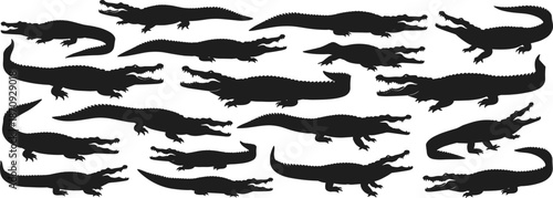 Crocodile and alligator silhouette vector illustration set, wild reptile poses in black shapes collection for wildlife, nature and animal design use