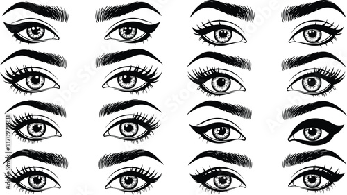 Female eyes and eyebrows vector set illustration, beauty makeup eyeliner eyelashes collection, fashion cosmetic design elements isolated on white background